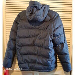 Down Filled Hawke & Co Mens Blue Puffer Jacket With Zipper & Button Closure Hood